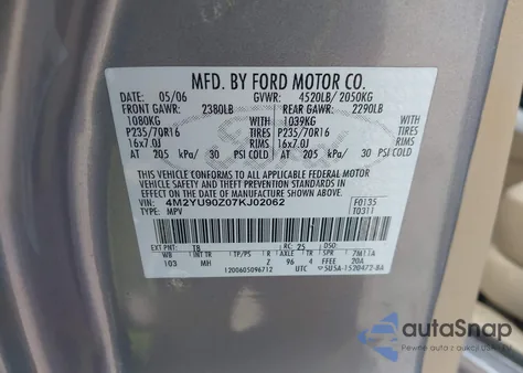 2007 Mercury Mariner Convenience from USA, damaged, VIN 4M2YU90Z07KJ02062